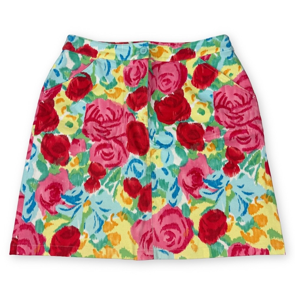 Talbots Floral Mini Skirt Womens 8 Pink Red Yellow Ikat Rose Stretch Cotton